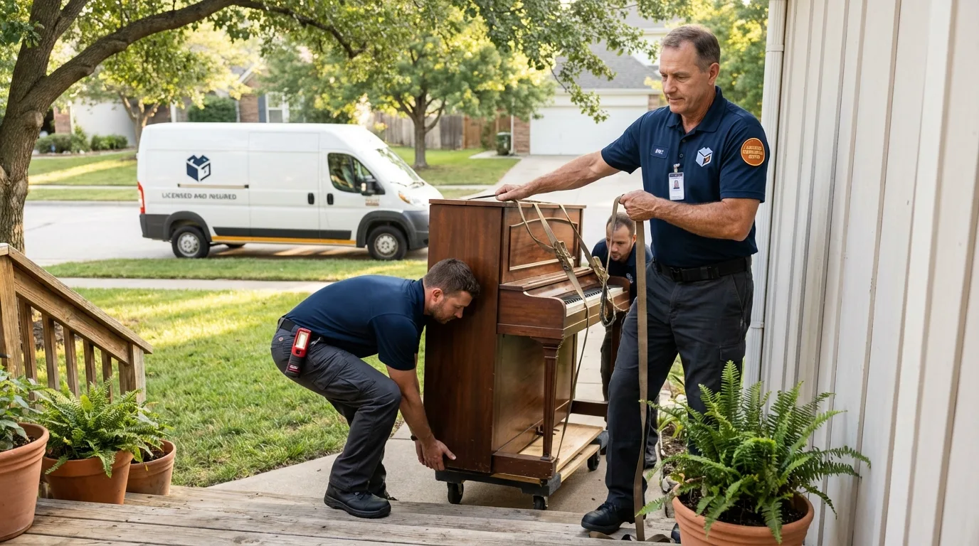 Licensed piano movers securing grand piano in Abington, MA