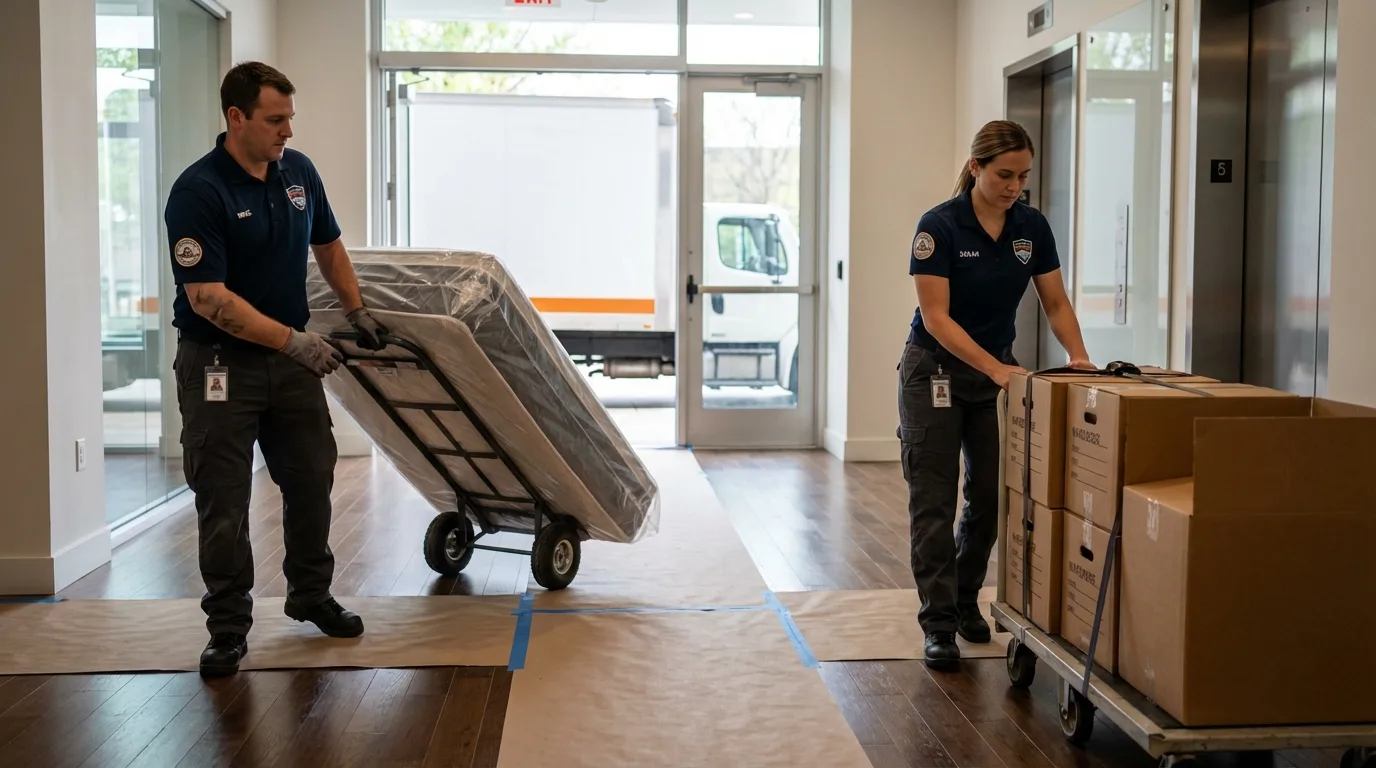 Professional apartment movers loading elevator in Abington, MA